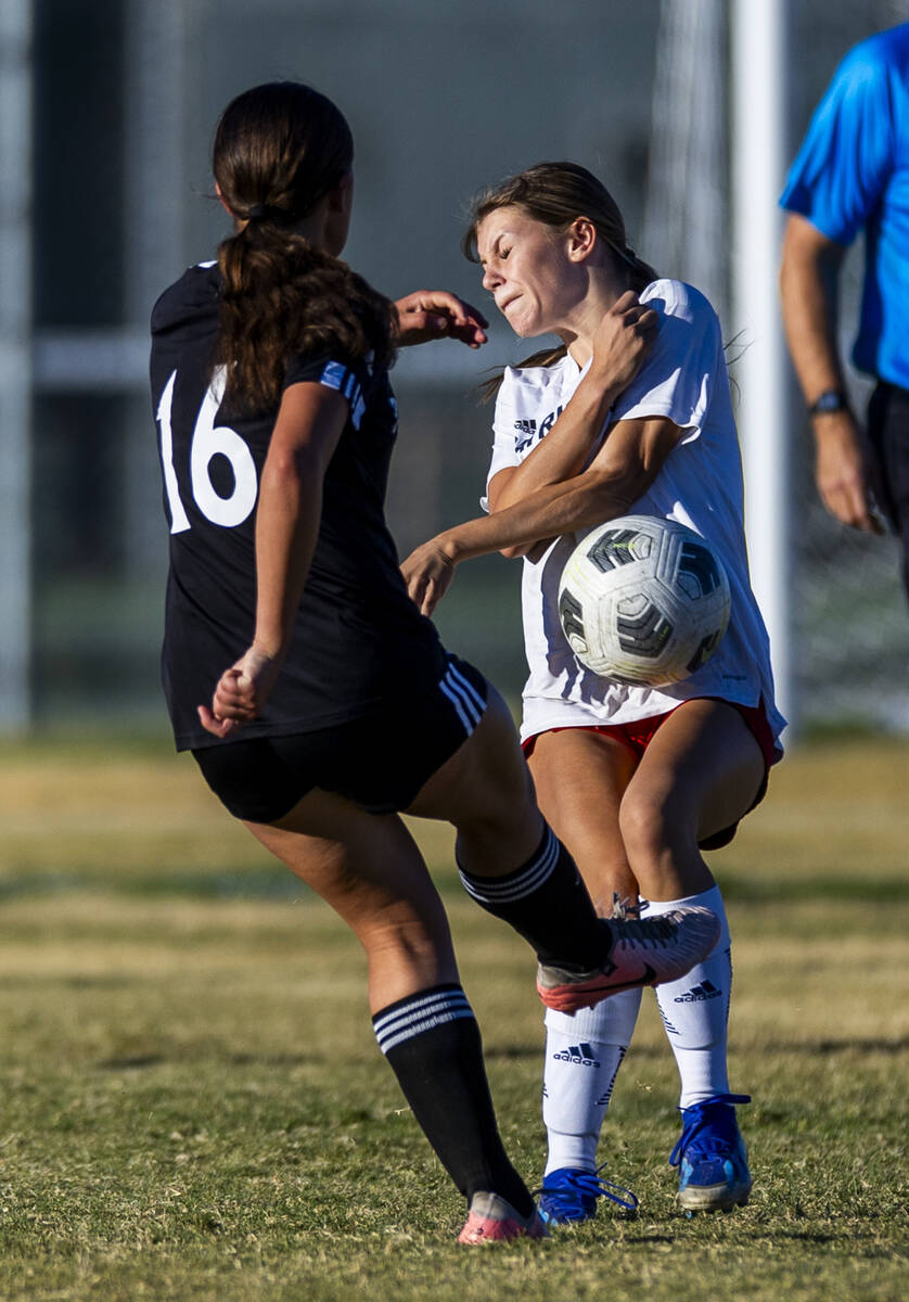 Palo Verde defender Juliette Karcsh (16) kicks the ball as Liberty midfielder Lily Rothschild ( ...