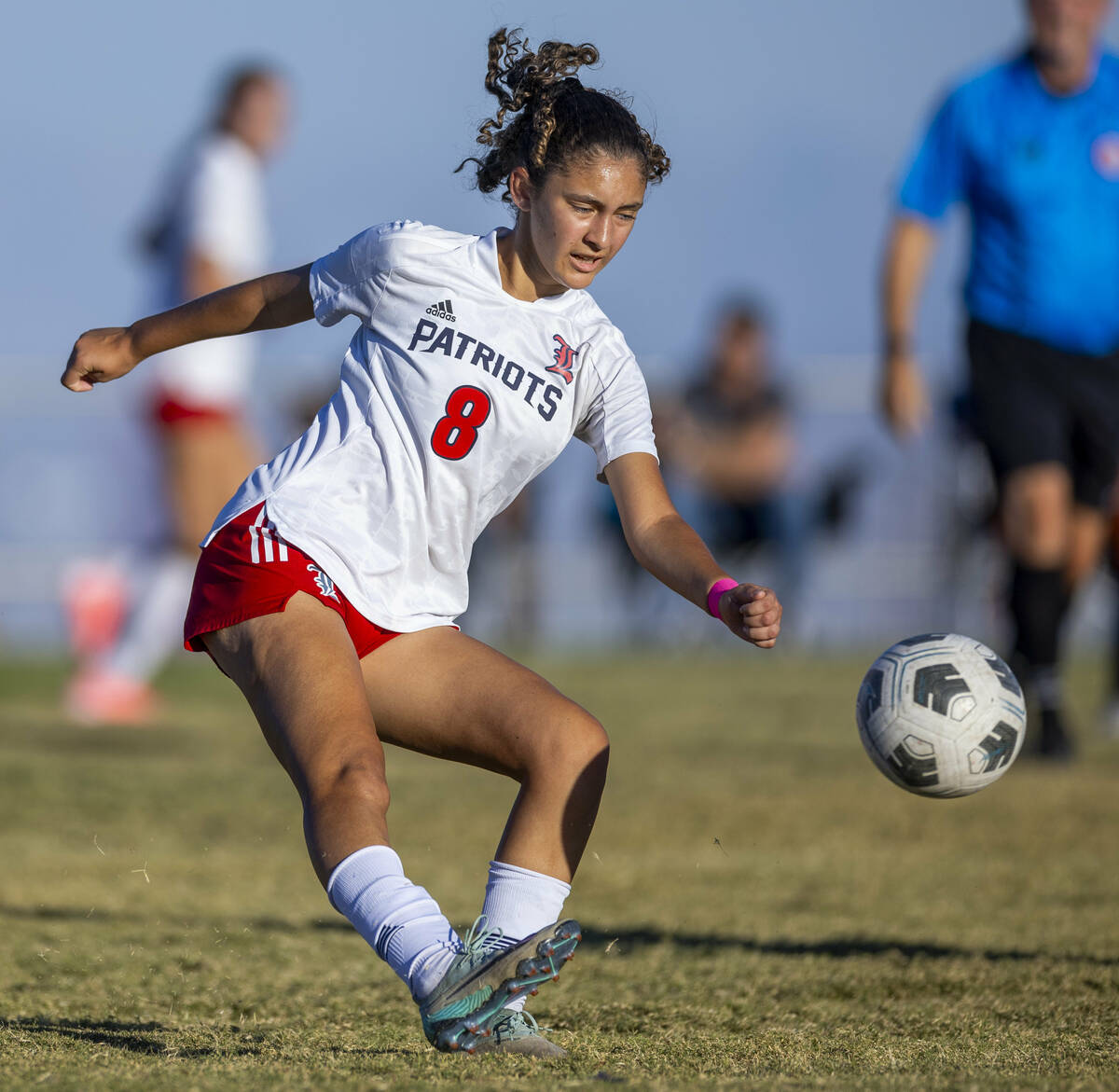 Liberty midfielder Amira Walker (8) takes a shot on the Palo Verde goal during the first half o ...