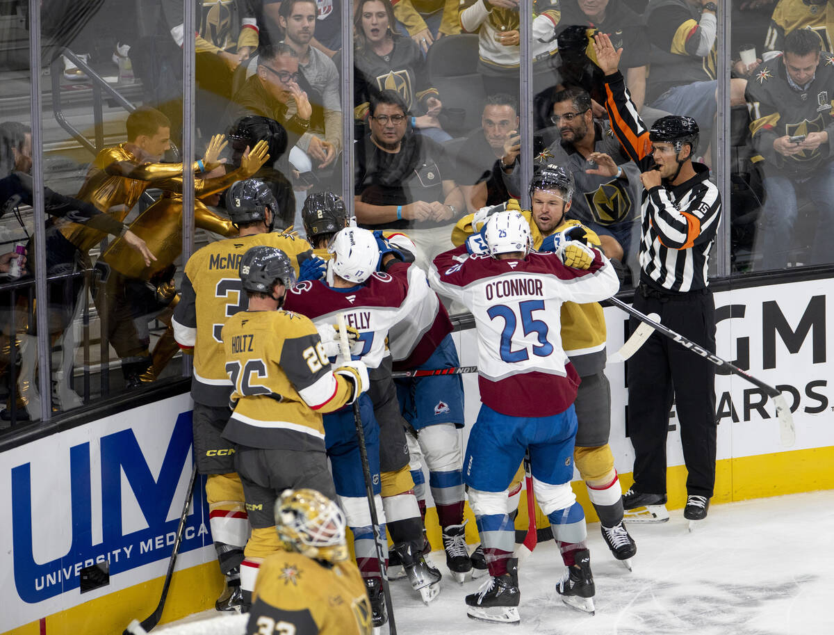 Tensions begin to rise after Colorado Avalanche’s Miles Wood is penalized for boarding a ...