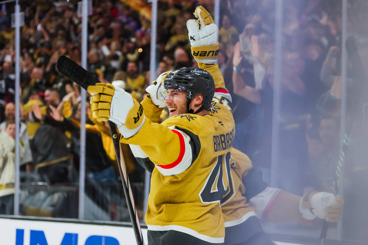 Golden Knights center Ivan Barbashev (49) celebrates a goal during the Golden Knights’ N ...