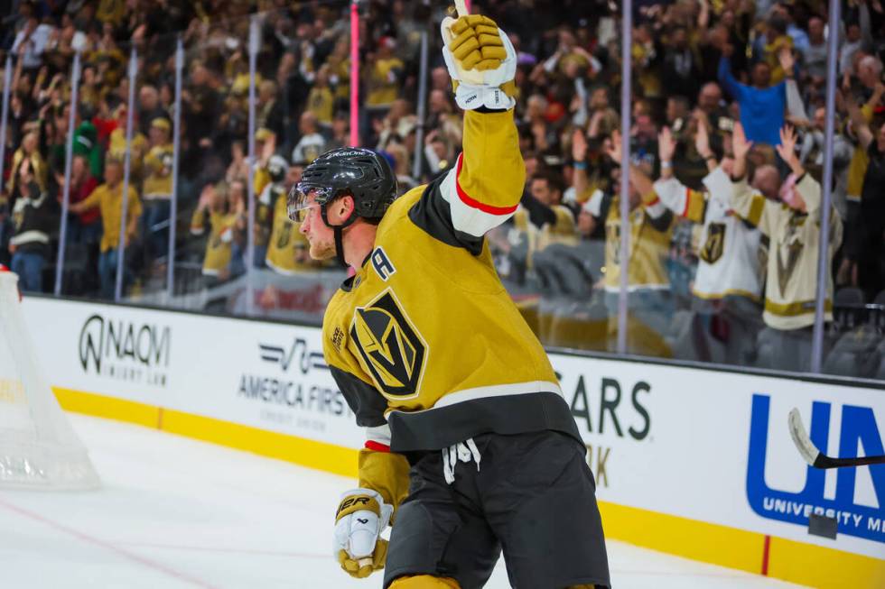 Golden Knights center Jack Eichel (9) celebrates a Golden Knights goal during the Golden Knight ...