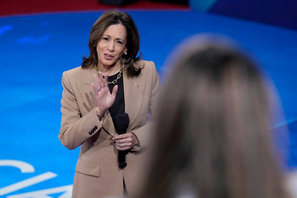 Democratic presidential nominee Vice President Kamala Harris speaks during a Town Hall event ho ...