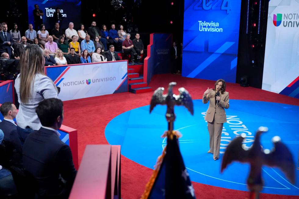 Democratic presidential nominee Vice President Kamala Harris speaks during a Town Hall event ho ...