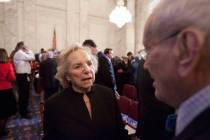 Ethel Kennedy talks with Frank Mankiewicz on Capitol Hill in Washington, Thursday, Jan. 20, 201 ...