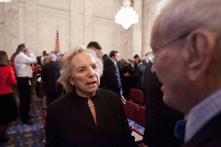 Ethel Kennedy talks with Frank Mankiewicz on Capitol Hill in Washington, Thursday, Jan. 20, 201 ...