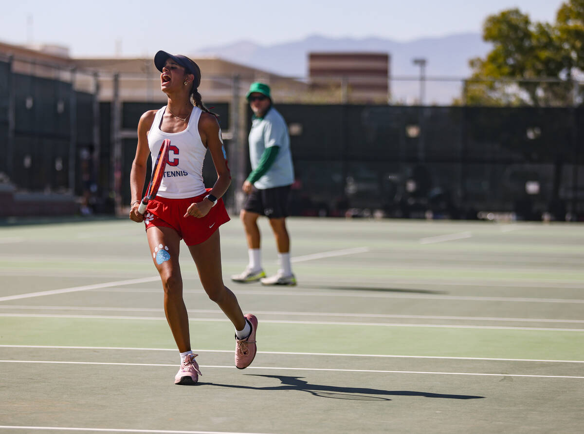 Coronado High School’s Isabella Gallegos reacts after missing the ball during a match ag ...