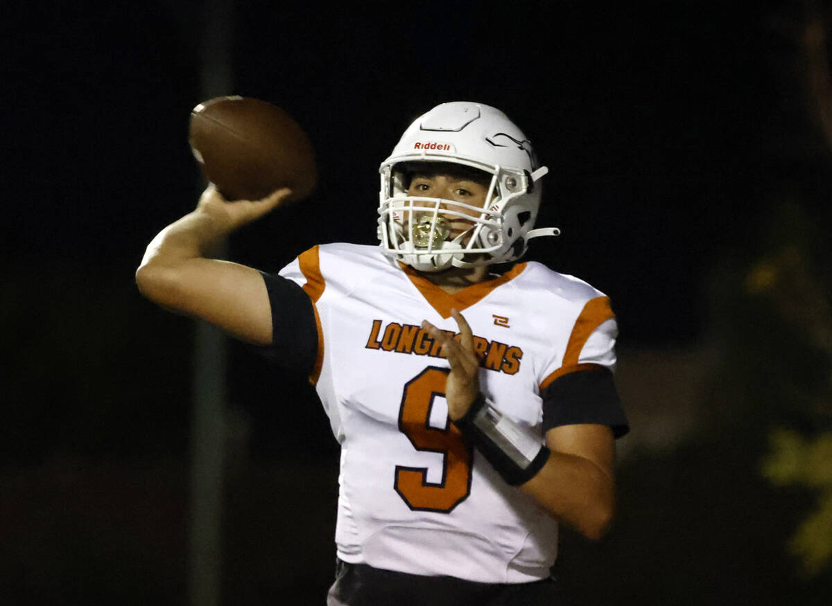 Legacy High's quarterback Aidan Crawford (9) throws a pass against Faith Lutheran during the fi ...