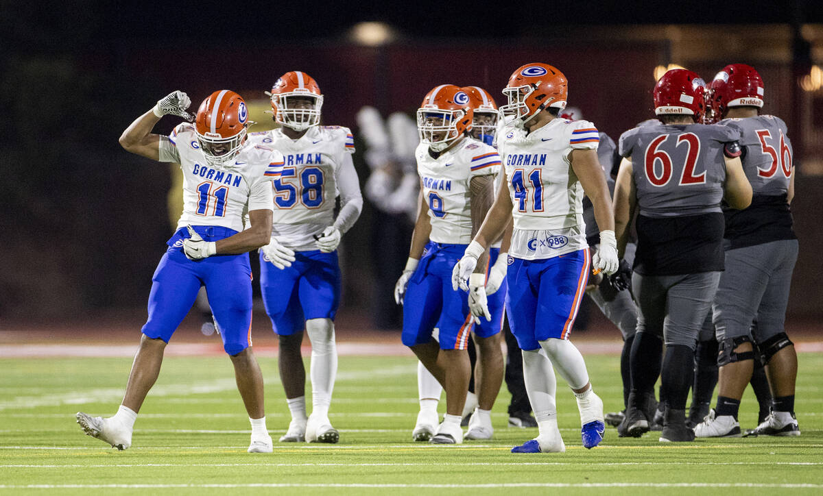 Bishop Gorman linebacker Landon McComber (11) celebrates during the high school football game a ...