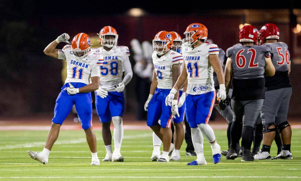 Bishop Gorman linebacker Landon McComber (11) celebrates during the high school football game a ...