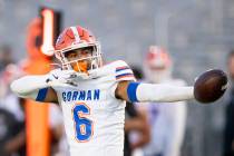 Bishop Gorman wide receiver Brandon Gaea (6) celebrates a first down during the high school foo ...