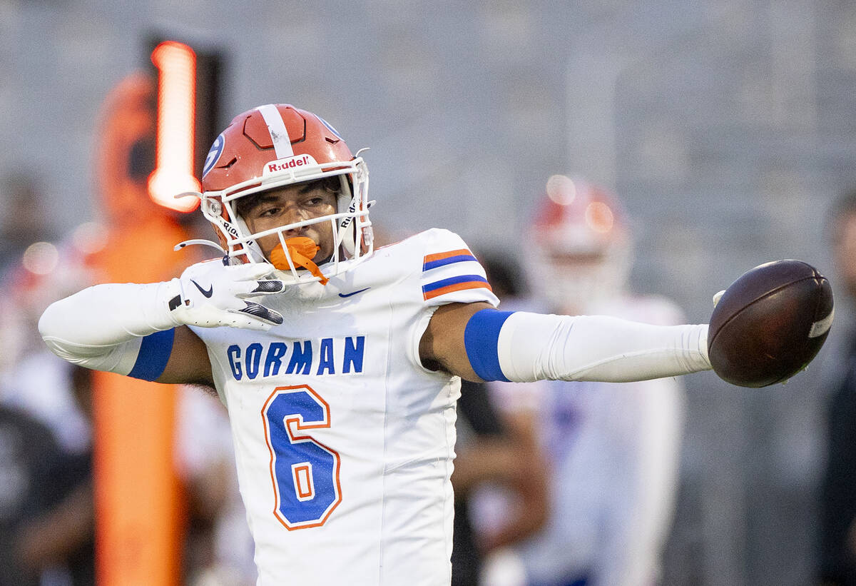 Bishop Gorman wide receiver Brandon Gaea (6) celebrates a first down during the high school foo ...