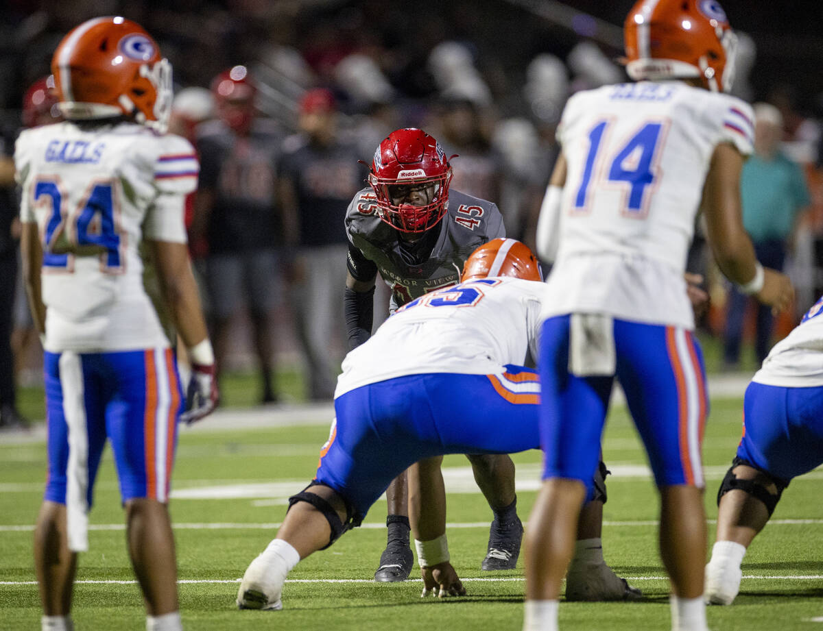 Arbor View defensive lineman Dontrell Bealer (45) watches for the snap during the high school f ...