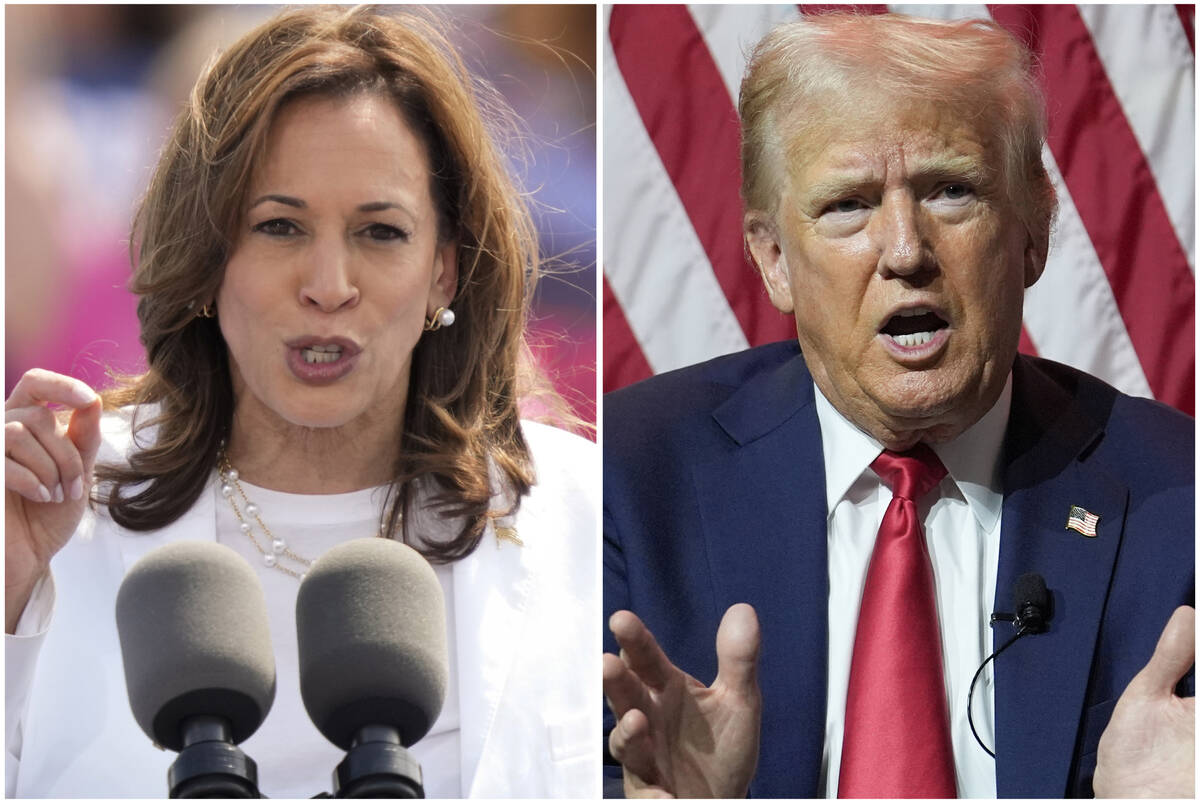 This combination of photos shows Vice President Kamala Harris, left, on Aug. 7, 2024 and Republ ...