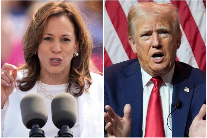 This combination of photos shows Vice President Kamala Harris, left, on Aug. 7, 2024 and Republ ...