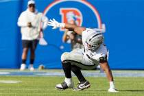 Raiders defensive tackle Christian Wilkins (94) grimaces as he gets up after celebrating a sack ...