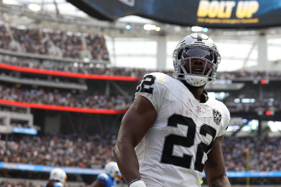 Raiders running back Alexander Mattison (22) after scoring a touchdown during the first half of ...