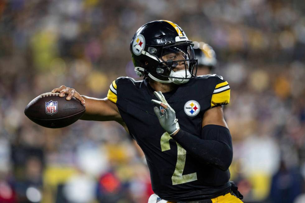 Pittsburgh Steelers quarterback Justin Fields (2) throws a pass during an NFL football game, Su ...