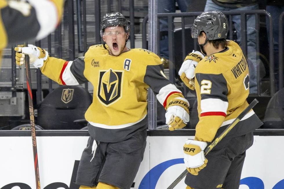 Golden Knights center Jack Eichel (9) celebrates scoring a goal during the NHL hockey game agai ...