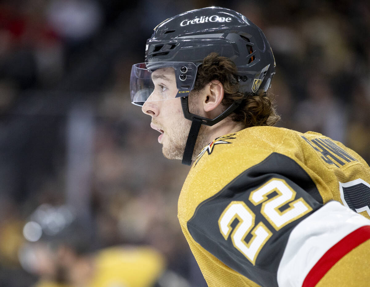 Golden Knights right wing Cole Schwindt (22) prepares for a face-off during the NHL hockey game ...