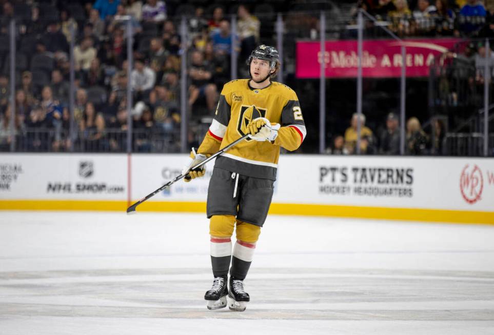 Golden Knights right wing Cole Schwindt (22) skates during the NHL hockey game against the St. ...