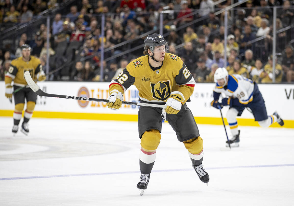 Golden Knights right wing Cole Schwindt (22) competes during the NHL hockey game against the St ...