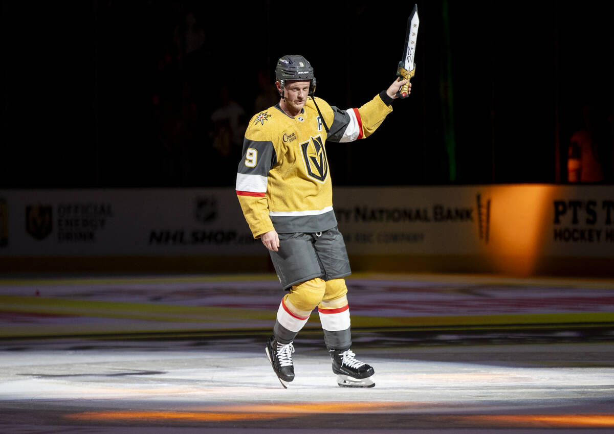 Golden Knights center Jack Eichel (9) is introduced as one of the stars of the game after defea ...