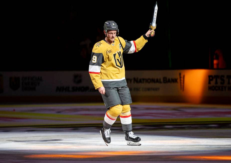 Golden Knights center Jack Eichel (9) is introduced as one of the stars of the game after defea ...