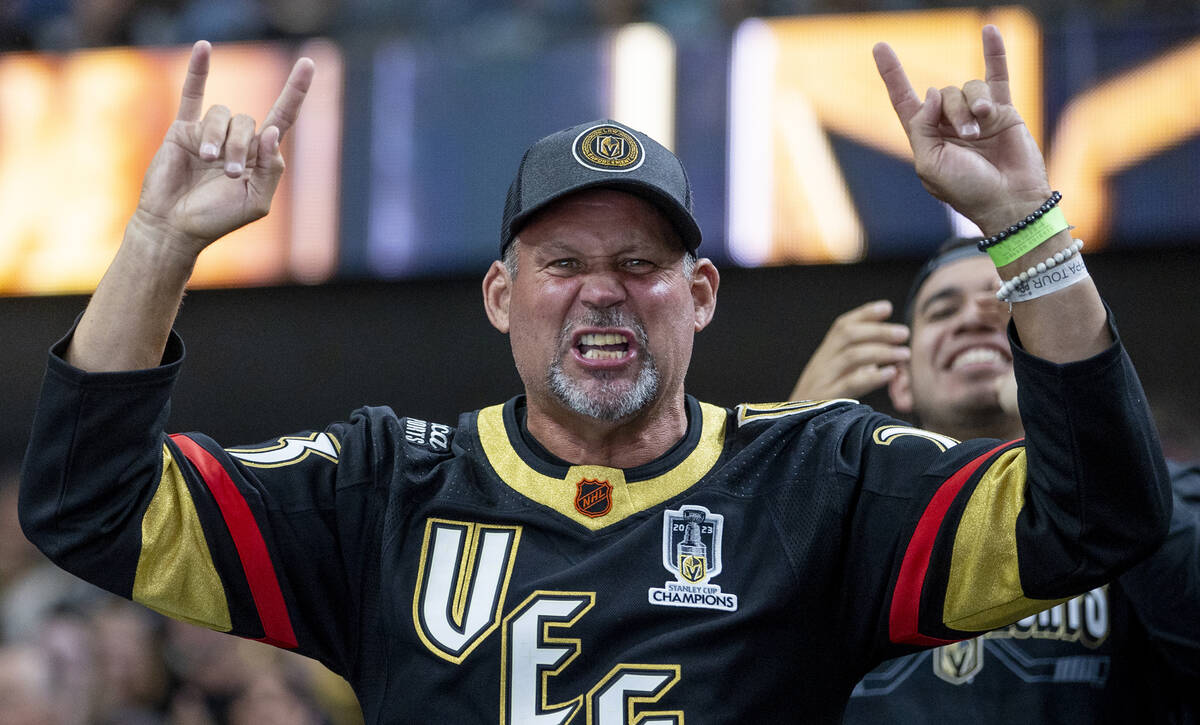 Golden Knights fans cheer after center Nicolas Roy, not pictured, scores a goal during the NHL ...