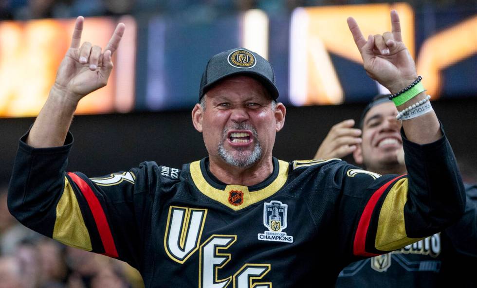 Golden Knights fans cheer after center Nicolas Roy, not pictured, scores a goal during the NHL ...