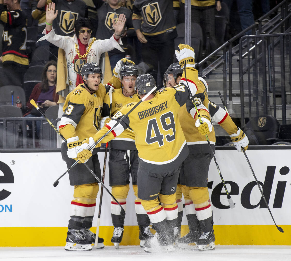 The Golden Knights celebrate a goal scored by Golden Knights center Jack Eichel (9) during the ...