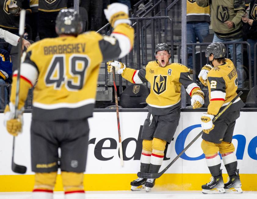 Golden Knights center Jack Eichel (9) celebrates scoring a goal during the NHL hockey game agai ...