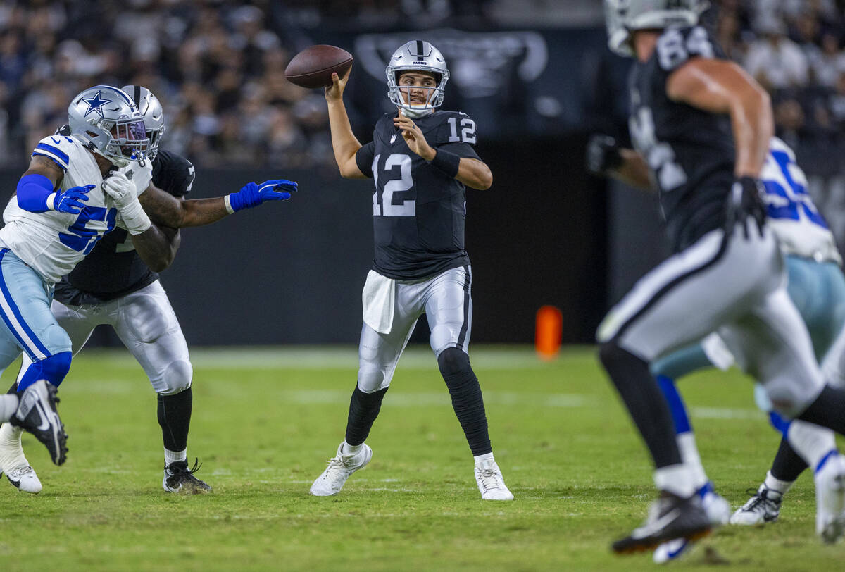 Raiders quarterback Aidan O'Connell (12) looks for a receiver against the Dallas Cowboys during ...