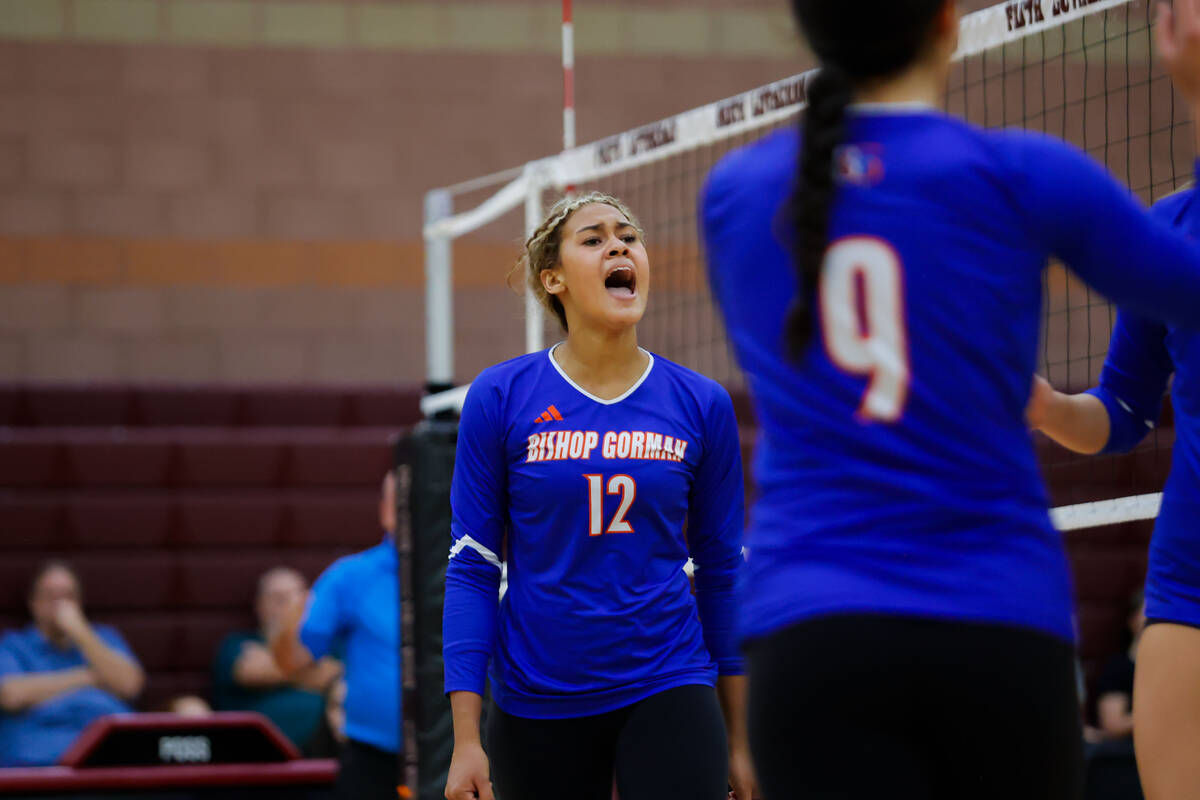 Bishop Gorman outside hitter Brooklynn Williams (12) reacts after Bishop Gorman scored a point ...