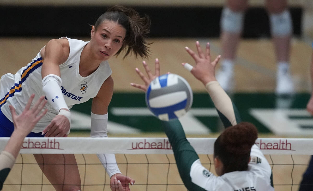 San Jose State outer hitter Blaire Fleming returns the ball to Colorado State in the first set ...