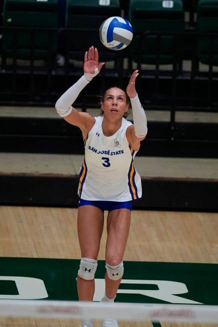 San Jose State outer hitter Blaire Fleming serves the ball in the first set of an NCAA college ...