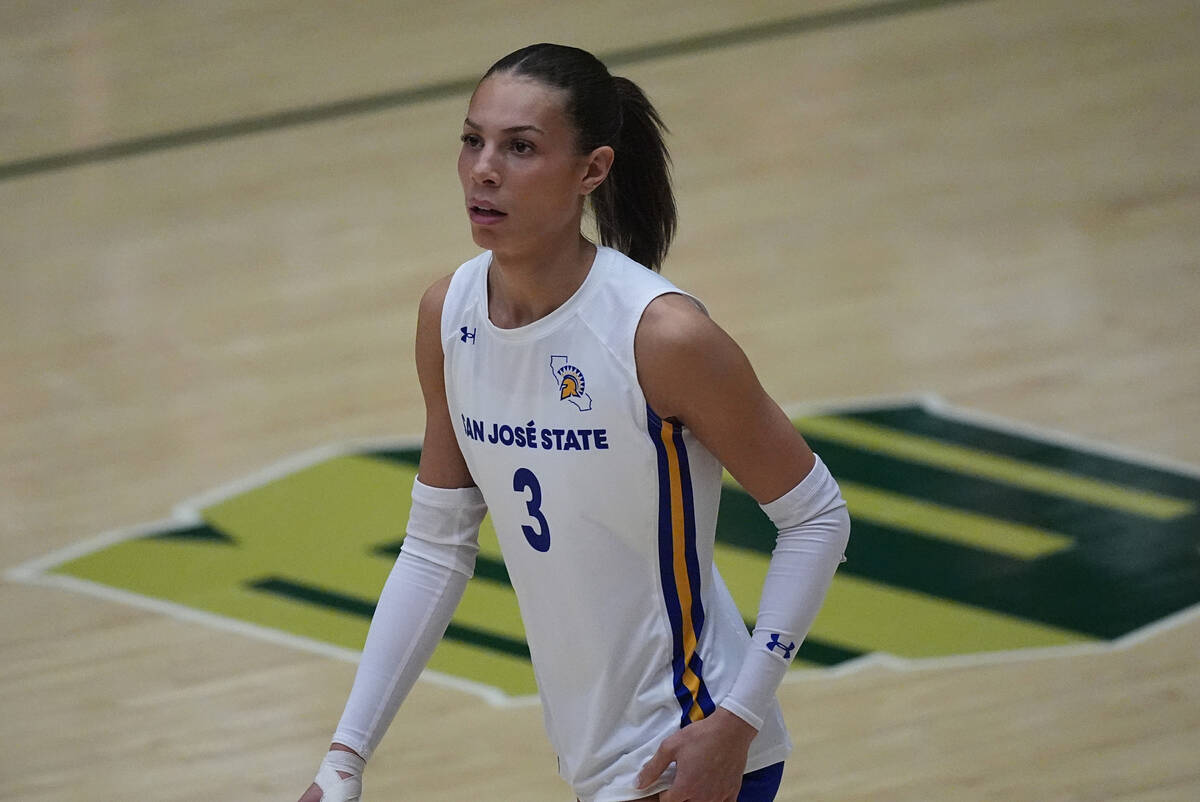 San JOse State outer hitter Blaire Fleming in the first set of an NCAA college volleyball match ...