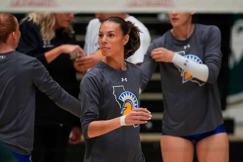 San Jose State outer hitter Blaire Fleming warms up for the first set of an NCAA college volley ...