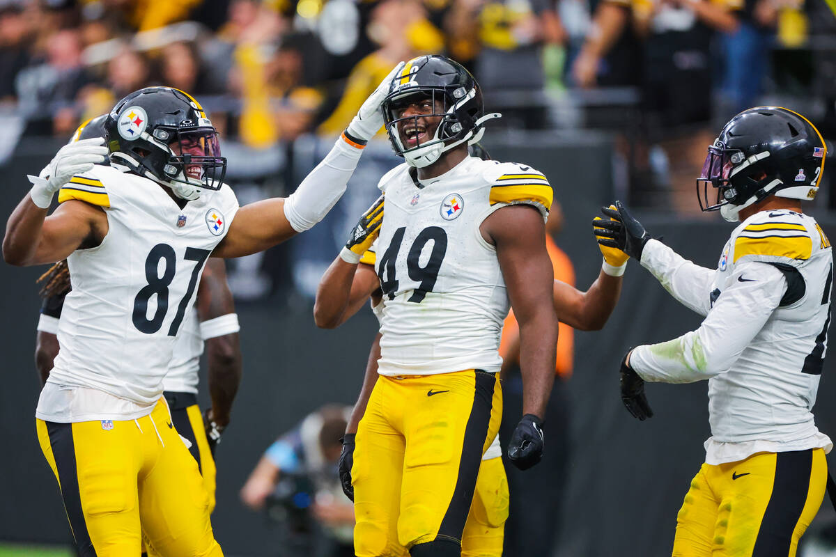 Pittsburgh Steelers linebacker Jeremiah Moon (49) celebrates with his teammates during the seco ...