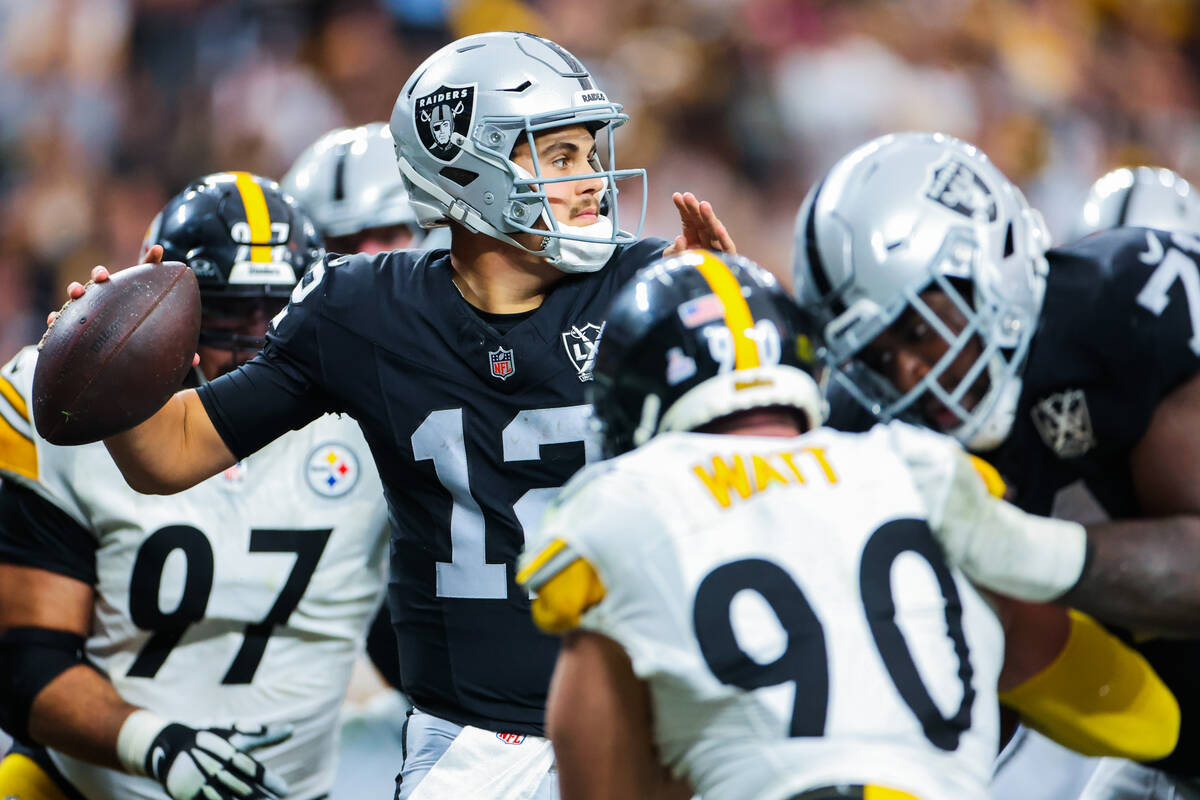 Raiders quarterback Aidan O'Connell (12) throws the ball during the second half of an NFL footb ...