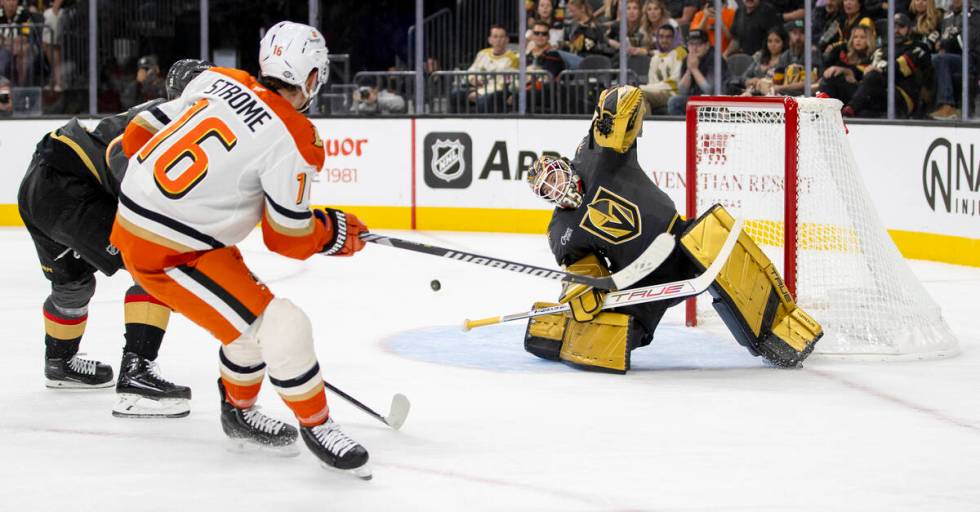 Golden Knights goaltender Ilya Samsonov (35) blocks a shot during the second period of the NHL ...