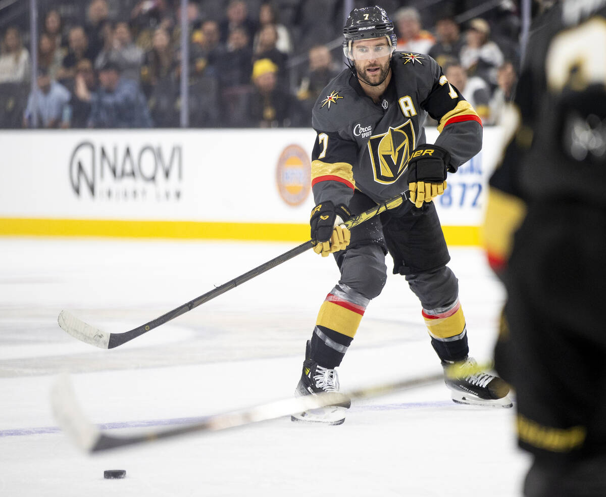 Golden Knights defenseman Alex Pietrangelo (7) passes the puck during the third period of the N ...