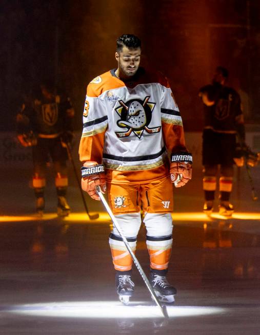 Anaheim Ducks center Robby Fabbri (13) stands for the national anthem before the NHL hockey gam ...