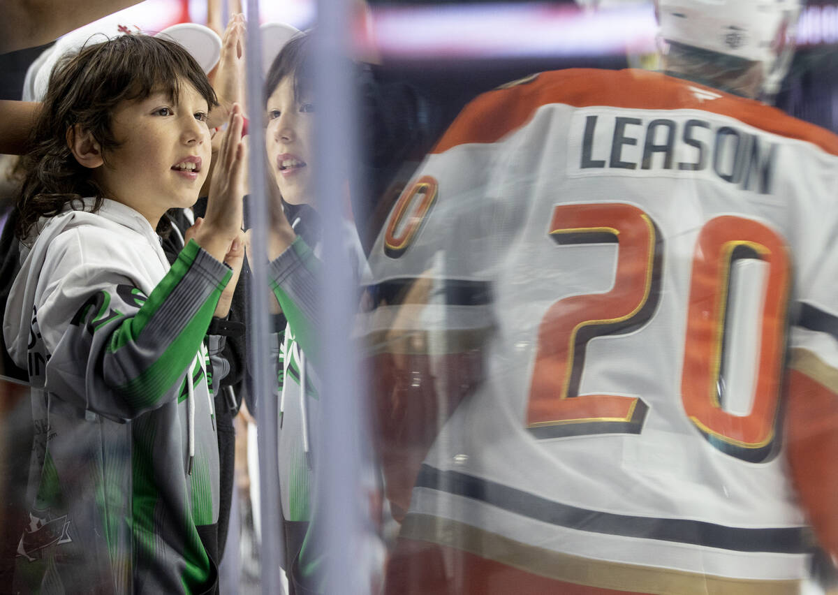 A young fan cheers for the Anaheim Ducks before the NHL hockey game between the Anaheim Ducks a ...