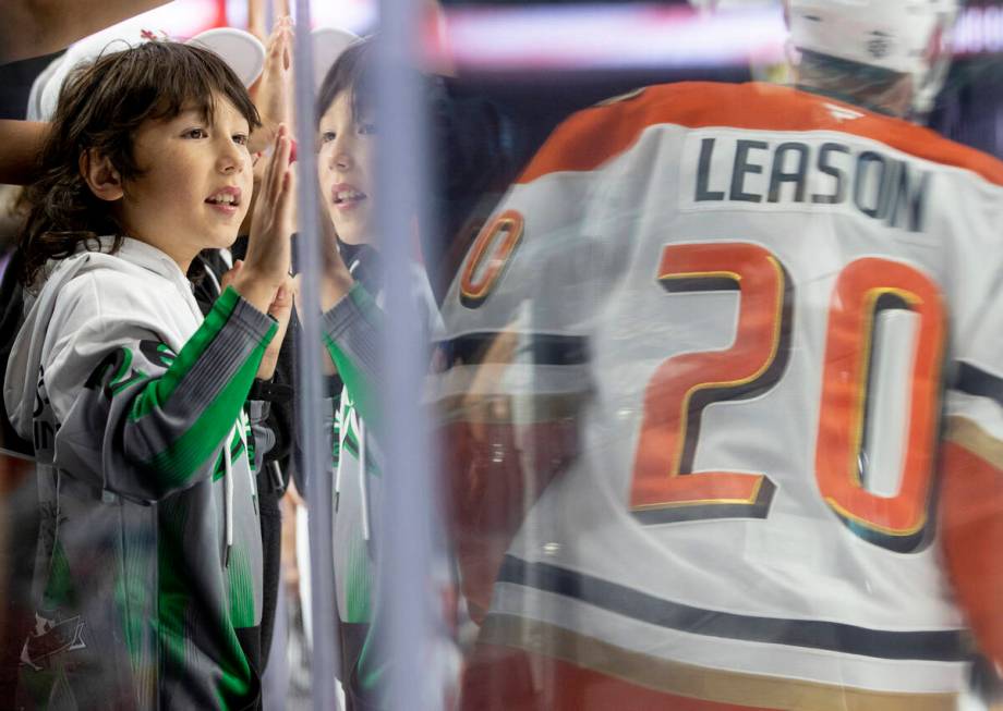 A young fan cheers for the Anaheim Ducks before the NHL hockey game between the Anaheim Ducks a ...