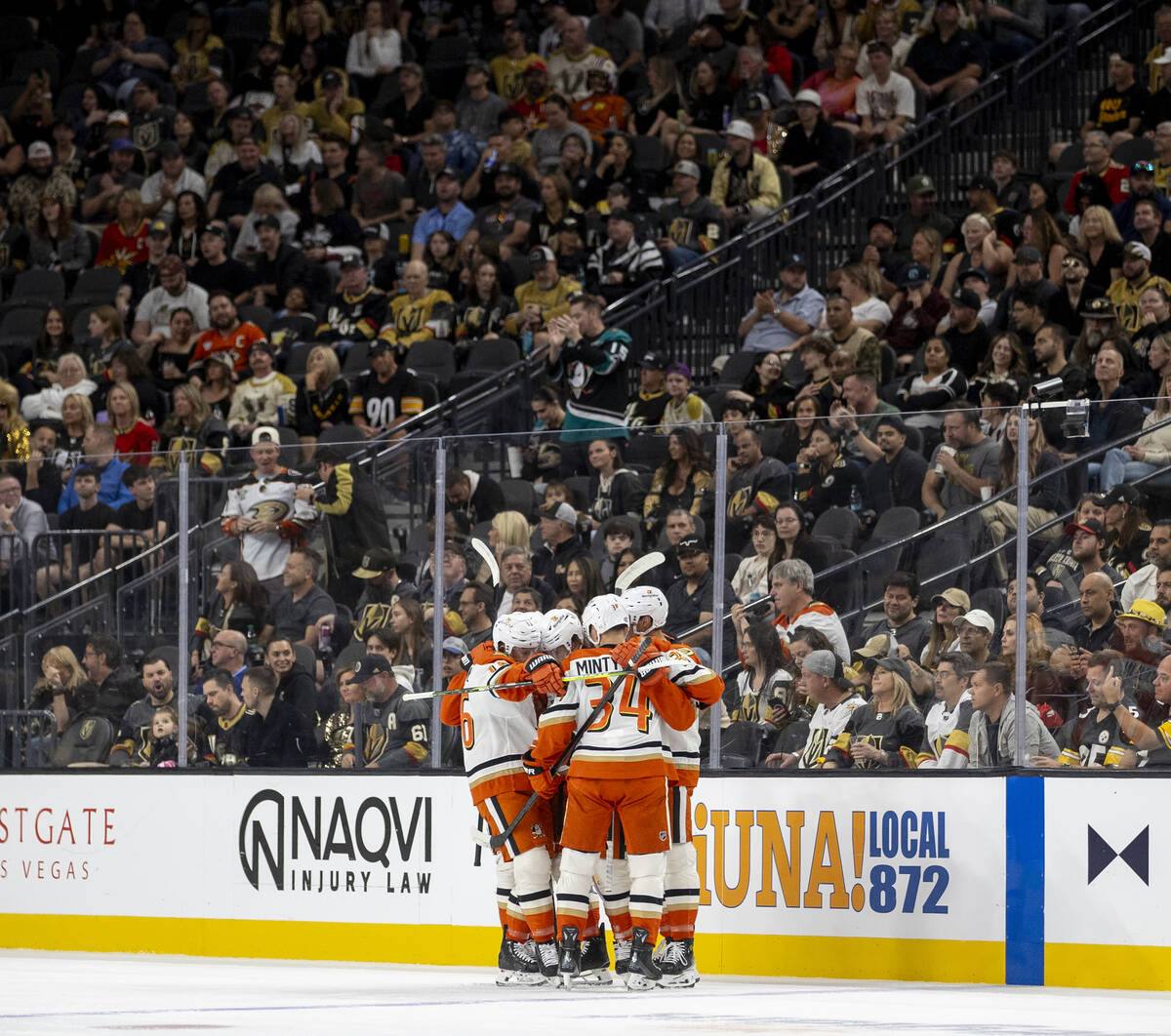 The Anaheim Ducks celebrate a goal scored by Anaheim Ducks right wing Troy Terry (19) during th ...