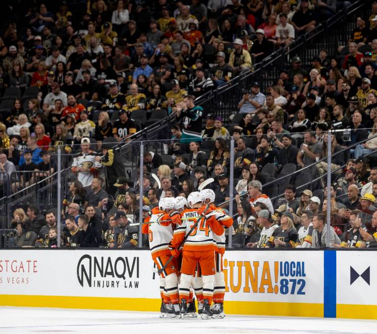 The Anaheim Ducks celebrate a goal scored by Anaheim Ducks right wing Troy Terry (19) during th ...