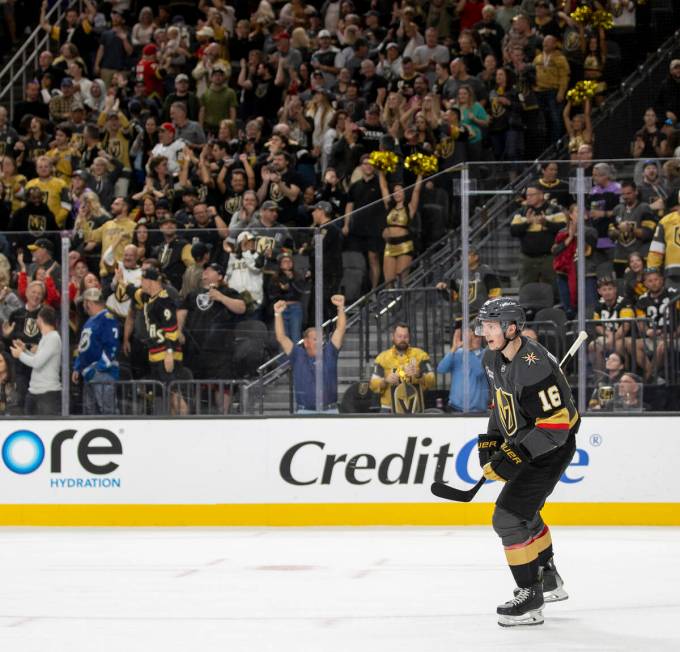 Golden Knights left wing Pavel Dorofeyev (16) skates toward the bench after scoring a goal duri ...