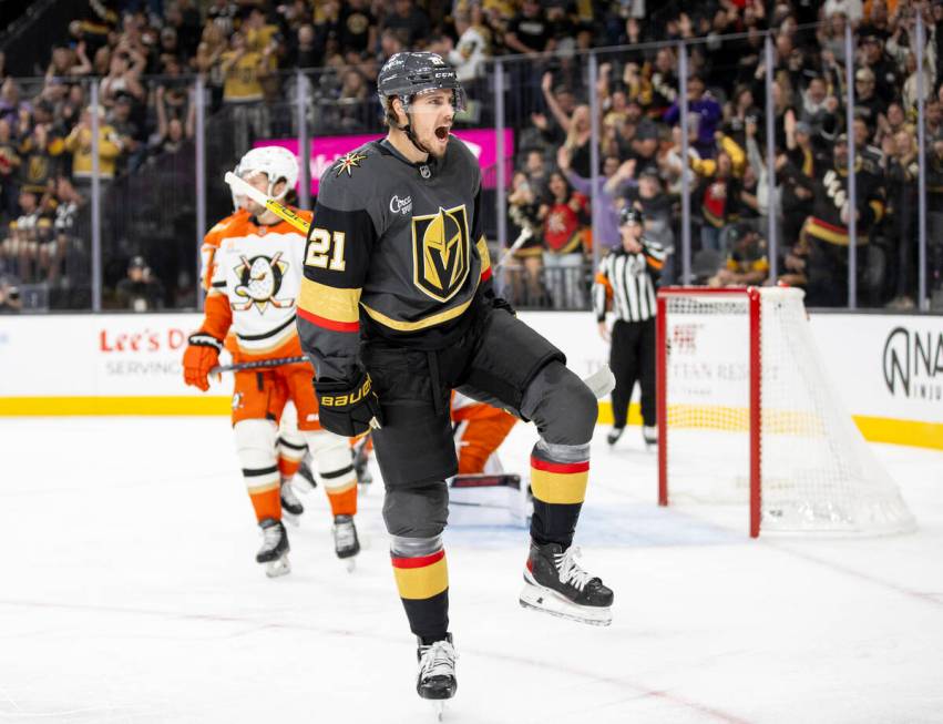 Golden Knights center Brett Howden (21) celebrates after scoring a goal during the first p ...