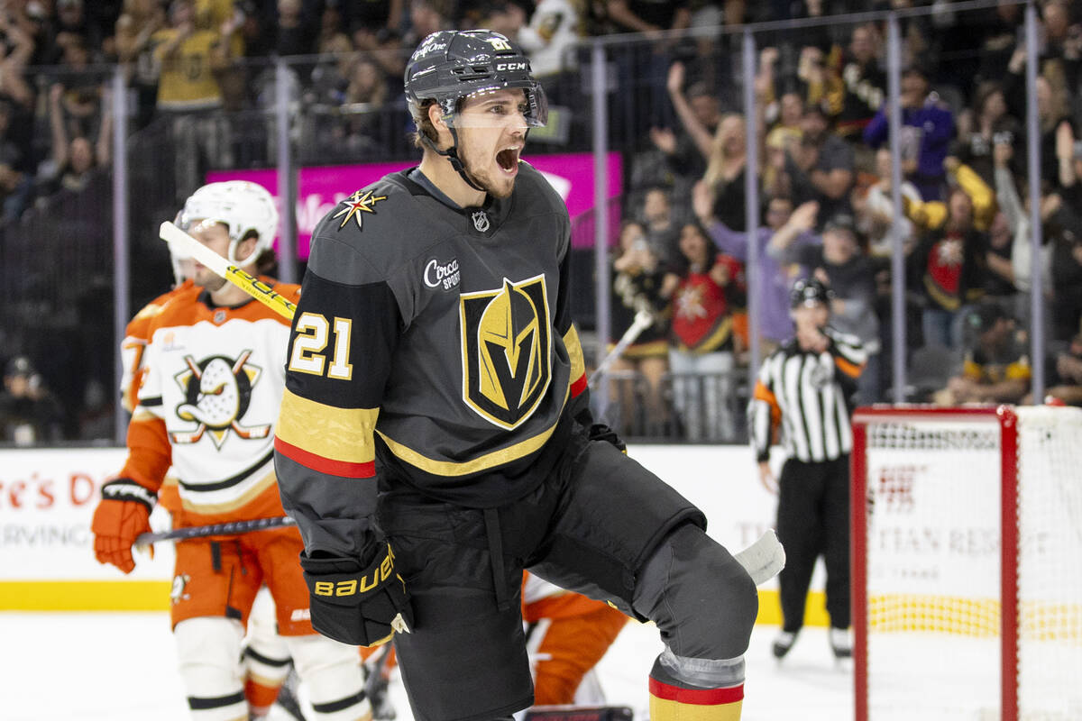 Golden Knights center Brett Howden (21) celebrates after scoring a goal during the first p ...