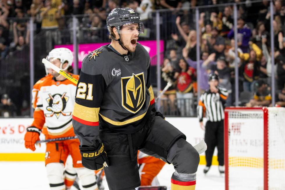 Golden Knights center Brett Howden (21) celebrates after scoring a goal during the first p ...